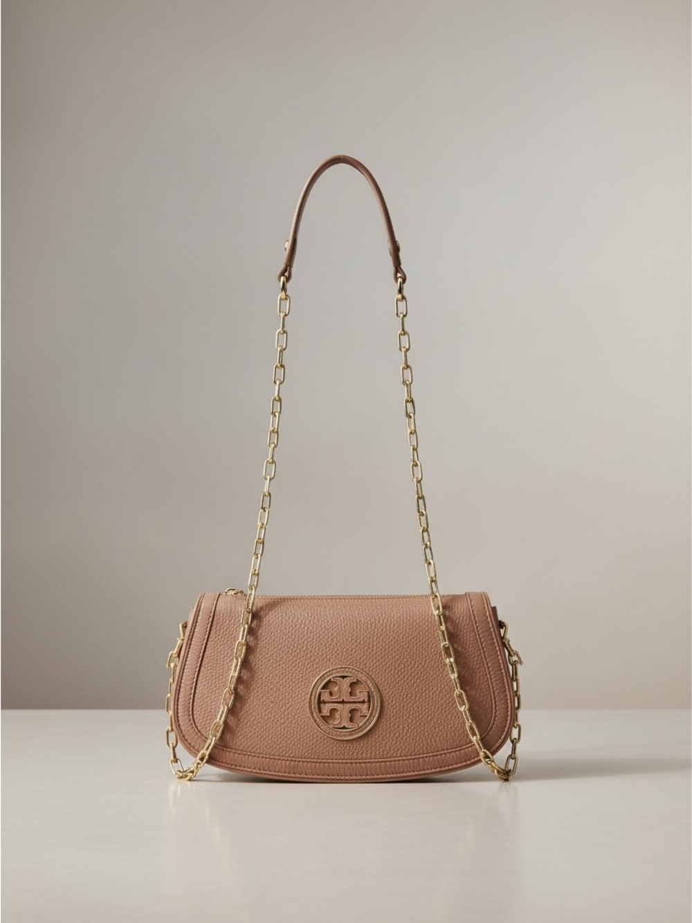 ✨ Tory Burch Pebbled Leather Chain Shoulder Bag Taupe Gold EUC